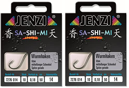 Set # 2 Packungen (20 Stück) Wurmhaken von Jenzi, fertig gebunden, Hakengrößen 2 4 5 6 8 10 12 14, 50 cm +gratis Petri Heil! Aufkleber (Hakengröße 14)