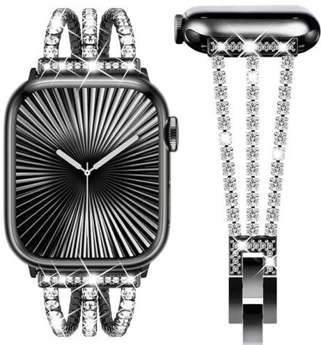 Fullife Compatibile con cinturino Apple Watch da 42 mm, 44 mm, cinturino di ricambio per bracciale da donna con cristalli scintillanti per iwatch serie 8/7/6/5/4/3/2/1/SE (2022/2020), nero brillante
