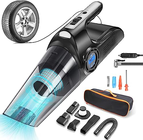 TOBEST Car Vacuum Cleaner, Handheld Vacuum Cleaner for Car with Digital Air Compressor Pump, 120W Powerful Hand-held Vacuum 12V with LED Light, Portable Wet & Dry Car Vacuum, 13 FT Cord & Bag, Black