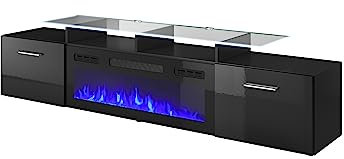 Homlando TV-Schrank Rova EF 190cm mit elektrischem Kamin gefräster Front Hochwertiges MDF Lowboard Schrank TV Tisch Sideboard Kommode Hi-Fi Tisch Fernsehtisc (Schwarz Glänzend)