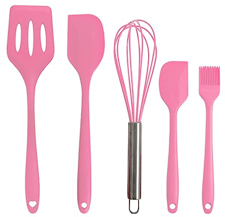 Soulnioi Silicone Rubber Kitchen Supplies Set Baking Tools 5PCS (Small Scraper + Large Scraper + Egg Beater + Leak Spatula + Small Oil Brush) Pink