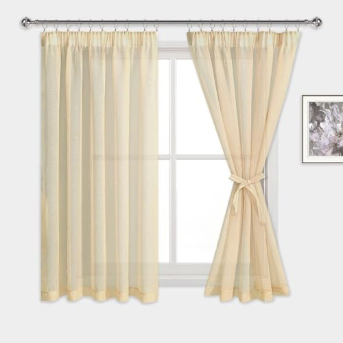 DWCN Voile Vorhänge mit Kräuselband Leinenoptik 2 Stücke Halbtransparent Vorhänge für Wohnzimmer,Durchsichtige Gardinen Kurz,Beige,145x140cm (Höhe x Breite)