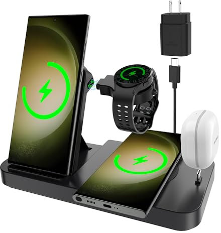 Wireless Charger for Samsung Charging Station, Samsung 5 in 1 Foldable Fast Wireless Charger for Samsung Galaxy S23 Ultra S22 S21 Z Flip Fold 5 4 Galaxy Watch 6/5/4 Galaxy Buds 3 2/Pro/Liv