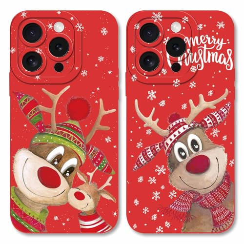 Yoedge 2 Stück Weihnachte Hülle für Apple iPhone 15 Pro 6,1, Handyhülle mit Cartoon Christmas Muster Motiv Design Case, Weiches Silikon Stoßfest Kratzfest Schutzhülle Cover, Elch