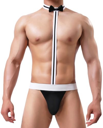 NewBull Mankini Borat Men's Sexy Costume Thong Suspensory V Sling for Men Beachkini Beach Novelty Gift Lingerie Santa Suit for Halloween Christmas Costume, Black/White, One Size