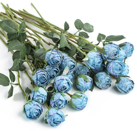 DuHouse 24 Stück Künstliche Rosen mit Langen Stielen – Vintage Seidenrosen für DIY-Sträuße, Hochzeitsdeko, Tischdekoration, Party & Zuhause(Vintage Blau)