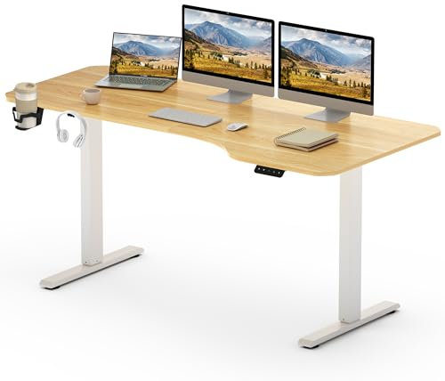 SANODESK Bureau Assis Debout Électrique 160 x 60cm, Bureau Debout Réglable en Hauteur avec Crochet/Porte-Bouteille Fonction Mémoire, Fonction de Rappel de Sédentarité, Blanc+Érable