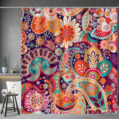 Aimego Extra langer Duschvorhang – Boho-Paisley-Blumen-Mandala, indische böhmische bunte Blumen, Stofftuch, Bad-Duschvorhang-Set mit 12 Haken, Badezimmer-Dekor, Badewannenvorhang, 182,9 x 213,4 cm