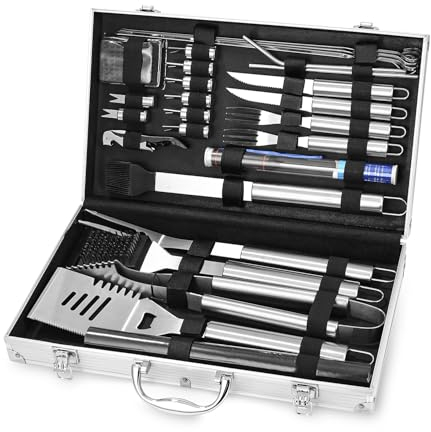 Set di 28 accessori per Barbecue in Acciaio Inox, Kit Professionale Barbecue, con Custodia in Alluminio, Set di Attrezzi per Barbecue per Uomini, Regalo per Campeggi, Colore Argento