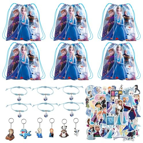 Frozen Kindergeburtstag Party Mitgebsel Set, 6 Kordelzug Party Tasche, 6 Schlüsselanhänger, 6 Geflochtenes Armband, 50 Aufkleber für Kinder, Princesses Partytüten, für Kinder Geschenke Partyzubehör