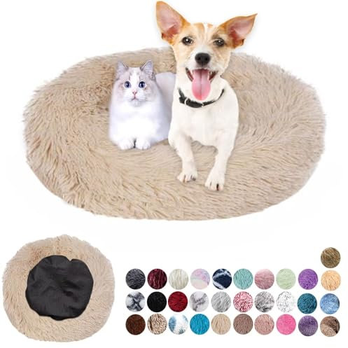 Ryanbem Hundebett Rund Plüsch Hundekissen Weich Warm Hundebetten Anti-Angst, Hundehütte Flauschig Kissen Hundebett Waschbar für Kleine, Mittelgroße, Große Hunde Beige 40cm