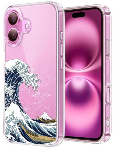 Unov Case Compatible with iPhone 16 Case Clear with Design Embossed Pattern Soft TPU Bumper Slim Protective 6.1 Inch (Great Wave)