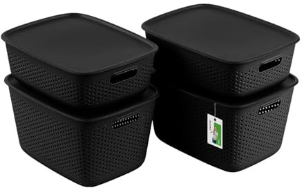 Aufbewahrungsbox 4er Set Deko-Box - 2x 10 Liter, 2x 17 Liter - Aufbewahrungskorb Behälter aus Kunststoff BPA Free Körbe zur Aufbewahrung Vorratsbehälter Luftzirkulationssystem Stapelbox Kiste Schwarz