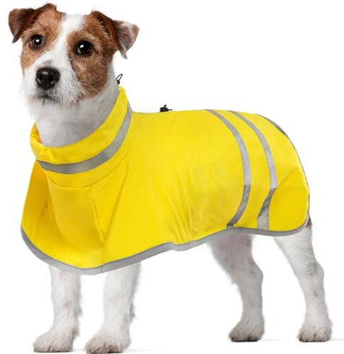 Kuoser Hunderegenmantel Wasserdicht, Hunde Regenmantel für Kleine Hunde, Winddichter Hunderegenjacke mit Beingurten, Regenjacken für Hunde mit Reflektierenden Streifen, Doppelt Zipper Gurtloch, Gelb S