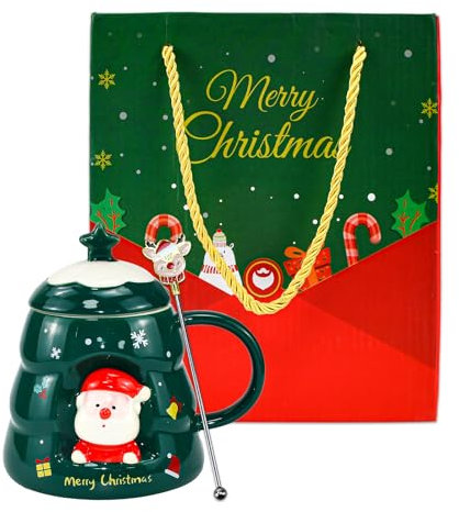 CAREDGO Taza de Café Navideña, Taza de Café de Cerámica con Tapa y Agitador Taza Navideña Grande de 450 ml para Microondas Taza de Navidad 3d en Forma de Árbol y con Figurita de Papá Noel, Verde