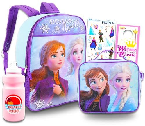 Disney Mochila Frozen con lonchera para niñas, paquete con mochila de lujo de 16 pulgadas, bolsa de almuerzo congelada, calcomanías y más | Suministros escolares Frozen para niños