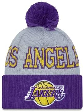 New Era Los Angeles Lakers Bommelmütze Basketball Winter Mütze grau lila Teamlogo - One-Size