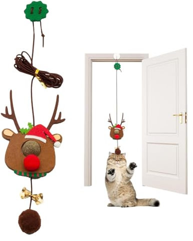 Wezalget Juguetes navideños para gatos con hierba gatera, juguetes interactivos con plumas para gatos - Juguetes de plumas con diseño de renos navideños | Juguetes para gatos con cuerda elástica de 2M