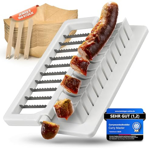 Curry Master Currywurstschneider Set – Manueller Schneider inkl. 100 Currywurst Schalen & 100 Pommesgabeln