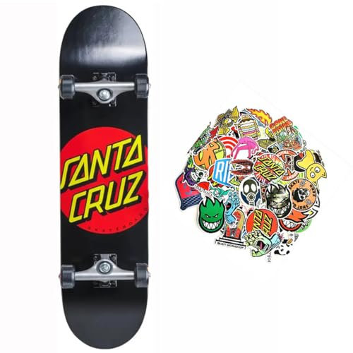 SANTA CRUZ Skateboard Professional Full Dot 8.0 Original Santa Cruz Advanced Level + 50 Skate Stickers HD (Black Dot, 8.0)