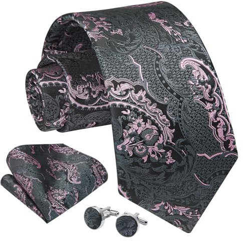 Enlision Cravate Homme Paisley Mariage Party Cravates et Carré de Poche Boutons de Manchette Ensemble Noir/Rose