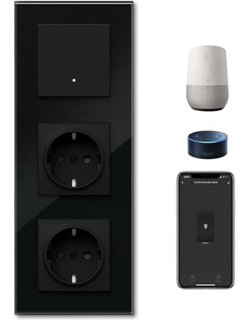 BSEED Doble Enchufe y Smart Interruptor Empotrado de Cristal 1 Gang 1 vía, Interruptor de Botón Compatible con Alexa/Google Home, Interruptor Funciona con APP Smart Life/Tuya, Negro