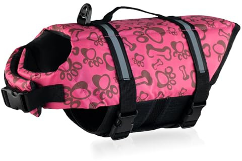FANSU Gilet de Sauvetage pour Chien avec Poignée, Gilet de Sauvetage Réglable pour Chiens de Petite, Moyenne et Grande pour Sécurité de l'eau Plage, Piscine (XXL,Crâne Rose)