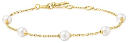 ANIA HAIE Damen Armband MISS DAINTY Gold Shell Pearl Station aus 925 Sterling Silber, verziert mit 5 Muschelperlen, Länge: 16,5 + 2 cm Verlängerung, inkl. Geschenkverpackung