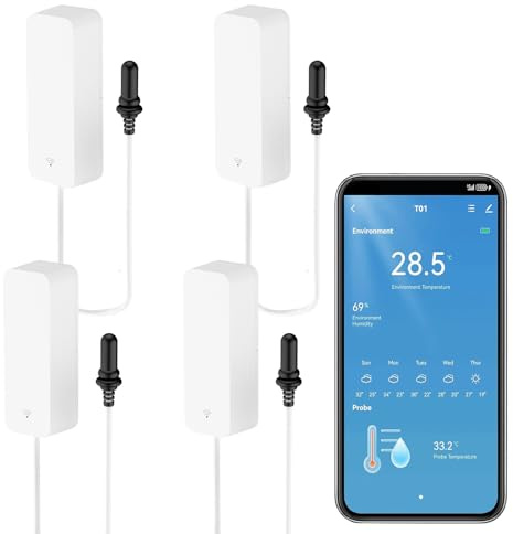 Smart Thermometer Hygrometer mit Sonde, WiFi Aquarium Temperatur und Feuchtigkeitsmesser mit App Fernüberwachung, Innen Kühlschrank Thermometer Sensor, Daten Speicherung & Export,kompatibel Alexa.4PCS