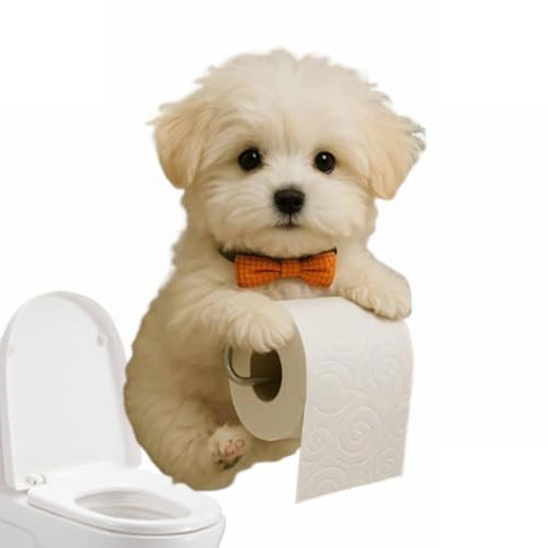 Dog Toilet Roll Holder,Tissue Roll Dispenser Creative Cute Dog Shape Toilet Paper Holder, Resin Novelty Dogs Standing Kitchen Roll Holder with No Drillin Thoughtful Storage Tray, Gift,22x16x12cm (A)