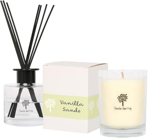 Nicola Spring Soy Wax Scented Candle & Reed Diffuser Set – Vanilla Sands Fragrance – 160g Candle 28 Hour Burn & 200ml Diffuser 60 Day Scent – Luxury Eco-Friendly Home Fragrance Gift Set