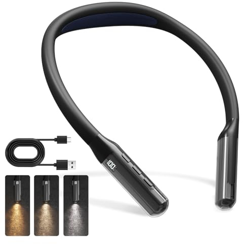 LQWELL Hals Leselampe 3 Farben und 3 Helligkeiten Einstellbar, LED Buchlampe Biegbare Arme, Tragbar Nackenlampe Ergonomisches, Wiederaufladbar für Lesen Häkeln Nähen Reparieren Stricken