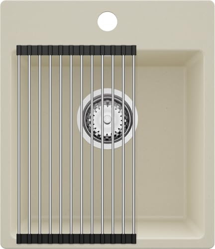 PRIMAGRAN Spülbecken ab 40er Unterschrank + Ablauf-Set, 38x44cm | Set: Ablauf-Set (Siphon, Ablaufgarnitur, Überlauf) + Abtropfmatte + Granitspüle 1 Becken - Riga Easy, Beige