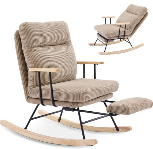 SEEDWAVE Schaukelstuhl aus Cord mit Verstellbarer Rückenlehne (bis 180°) und Fußstütze, Massiveholz-Armlehnen, Lesesessel Schaukelsessel für Schlafzimmer, Wohnzimmer, Tragfähigkeit 136 kg