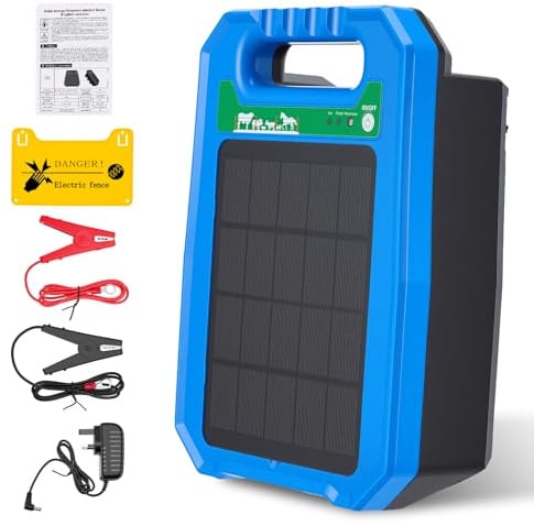 Solar Electric Fence Energiser 5KM, 0.2J Output 8KV Pulse, Rechargeable Solar Panel Powered, IP55 Weatherproof, 24/7 Livestock Protection for Cattle, Horses, Poultry, Temporary Fencing Management