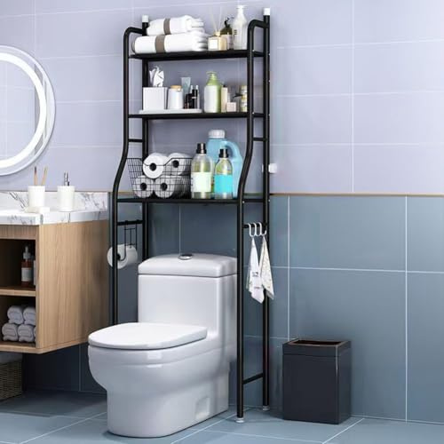 GarveeLife Toilettenregal, 3-stufiges Multifunktionsregal für das Bad, Regal Über der Toilette mit Aufbewahrungskörben, Platzsparendes WC-Regal, Leicht zu Montieren, 50 x 25 x 160cm, Schwarz