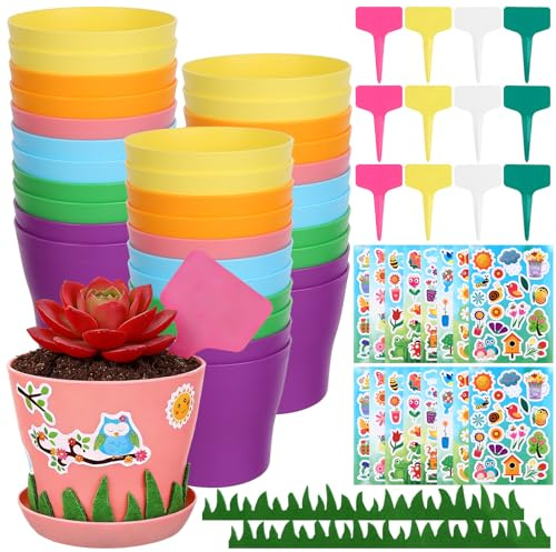 Haishell 12 Set Garden Pot Craft Kit 4in Plastic Flower Plant Pot with Tray Drainage Holes and Plants Labels 16 Sheet Stickers and 2 EVA Grass for Kids Gardening DIY Spring Growing Crafts