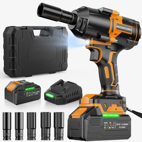 AKZWOXRO 21V Avvitatore a Impulsi Brushless, 1000N.m Chiave a Percussione 1/2 ad Alta Potenza con Batterie da 4,0 Ah e Caricabatterie, 5 Bussole, Trapano a Impulsi per Auto Casa
