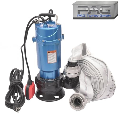 PAG Turbo GmbH® - Fäkalienpumpe Schmutzwasserpumpe Tauchpumpe 1,5kW - 230V - 500L/min. - Förderhöhe 20m + 20m Feuerwehrschlauch C-Schlauch