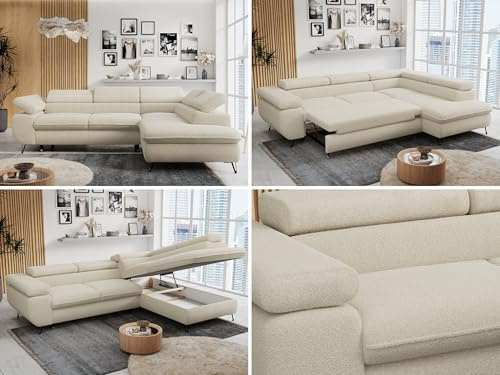 MKS MEBLE Ecksofa Wohnlandschaft L-Form mit Schlaffunktion und Bettkasten, Schlafsofa mit Bettkasten, Sofa mit Einstellbare Kopfstützen, Peter L - Boucle - Rechts Beige (mit Topper Visco)