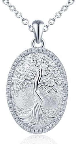 MICSAVI Oval Locket Tree of Life Necklace 925 Sterling Silver Pendant Textured with Cubic Zirconia, Personalised Photo Locket Necklace Open for Picture Jewellery for Women Girls