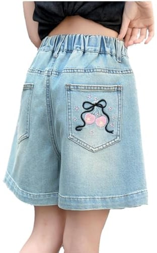 Rolanko Shorts Denim per Ragazze con Vita Elastica Estate Jeans Corti Strappati con Tasche Pantaloncini per Bambini
