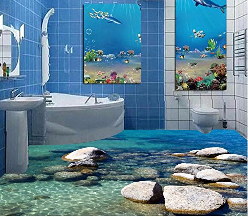 Weaeo 3D-Bodenbeläge Wasser Stein Gepflasterten 3D Malerei Im Bad Tapeten Pvc Selbstklebend Wallpaper 200 X 140 Cm