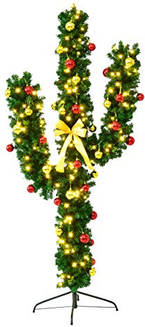 Goplus 6 FT Pre-Lit Artificial Cactus Christmas Tree with LED Lights and Ball Ornaments, Perfect Holiday Decoration Indoor Xmas Tree