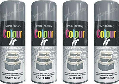 HitlineUK 4 X LIGHT GREY GLOSS PAINT AEROSOL SPRAY CAN QUICK DRYING PLASTIC METAL 400ML