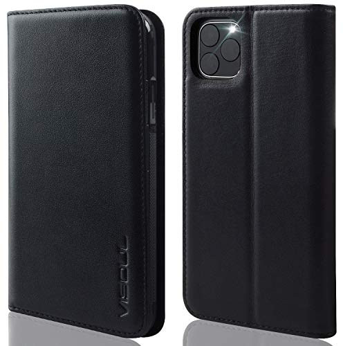 VISOUL Hülle für iPhone 11 Pro Max, Stoßfeste Handyhülle [Rindsleder], TPU Magnetische Klapphülle Kartenfach, RFID Lederhülle Stand für iPhone 11 Pro Max 6,5 Schwarz