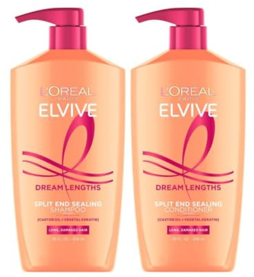 L'Oreal Paris Elvive Dream Lengths Shampoo and Conditioner Set, Seals Split Ends, Hydrating & Strengthening Hair Repair, Fine Castor Oil and Vitamins B3 and B5, 56 Fl Oz Set