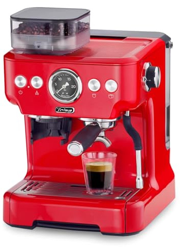 Trisa Barista Plus Siebträgermaschine mit Mahlwerk und 20 Bar, Rot | Espressomaschine mit Dualboiler, Kegelmahlwerk, Manometer, 2,7 L Wassertank, Profi-Dampfdüse für Cappuccino und Latte Art
