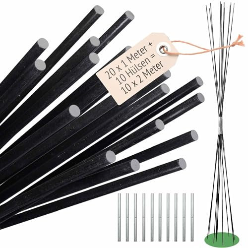 10 stabile Schwarze Rankstäbe Rankhilfe 200 cm (2 Meter) 7 mm Dm Pflanzstäbe aus Glasfasern 20 x 1 m + 10 Steckhülsen 150 mm flexibel, Nicht biegsam