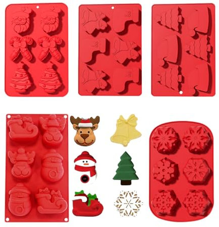 ZOOMPIL Stampi per Dolci Natalizi, 5 pezzi Stampo Natalizio al Cioccolato, Stampi in Silicone di Natale, Stampi per Cioccolatini in Silicone, Set di Stampi per Cioccolato Forme Come Albero di Natale